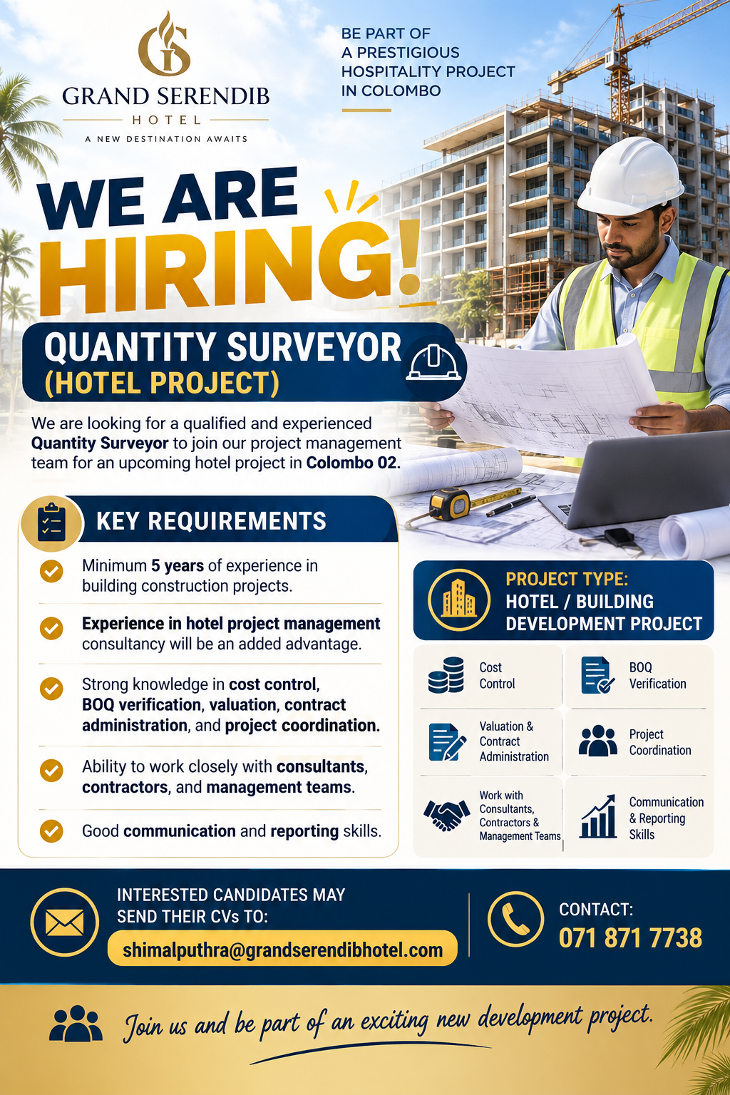 Quantity Surveyor – Hotel Project at Grand Serendib Hotel