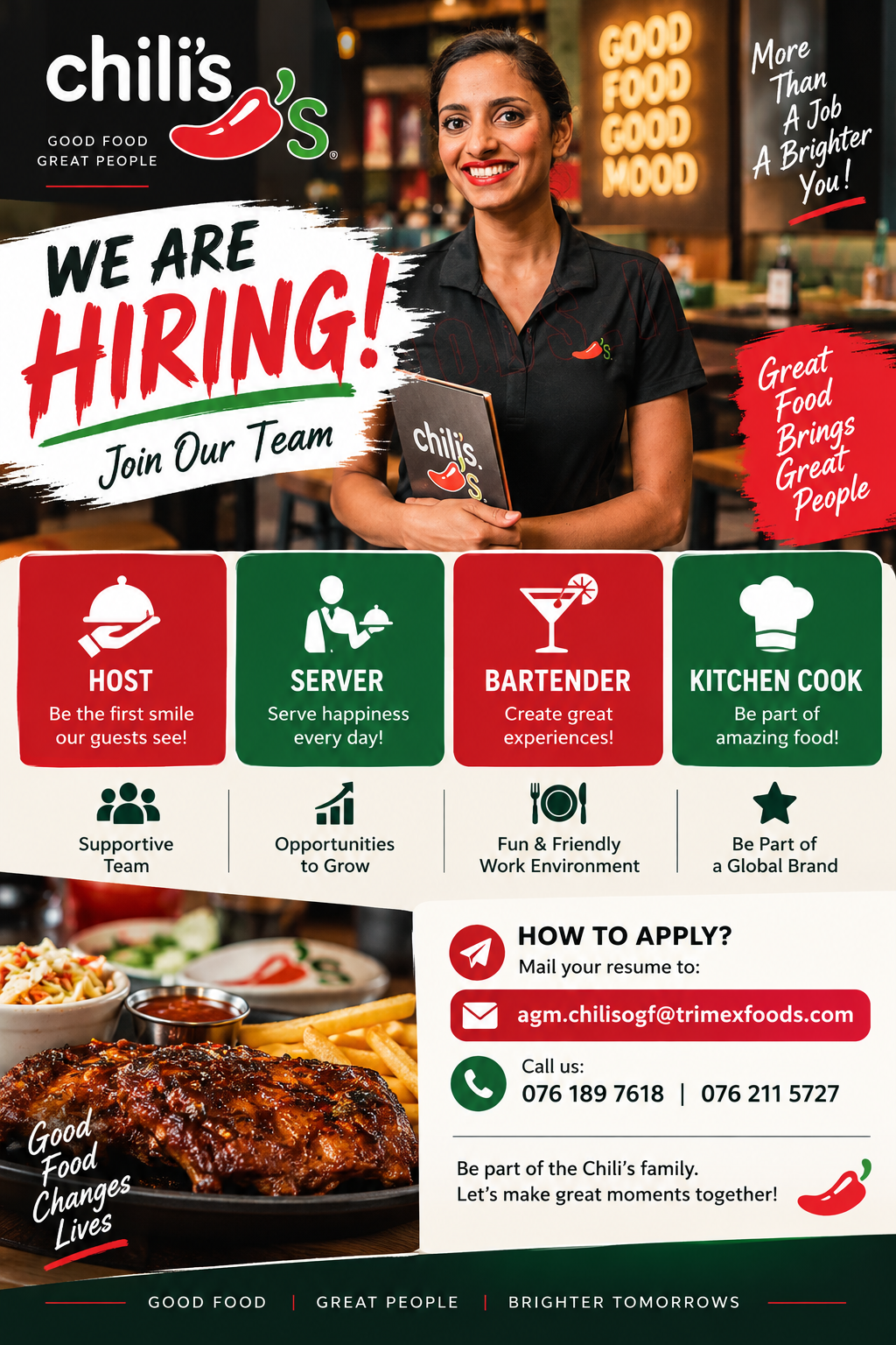 Restaurant Staff – Host / Server / Bartender / Kitchen Cook at Chili’s / Trimex Foods