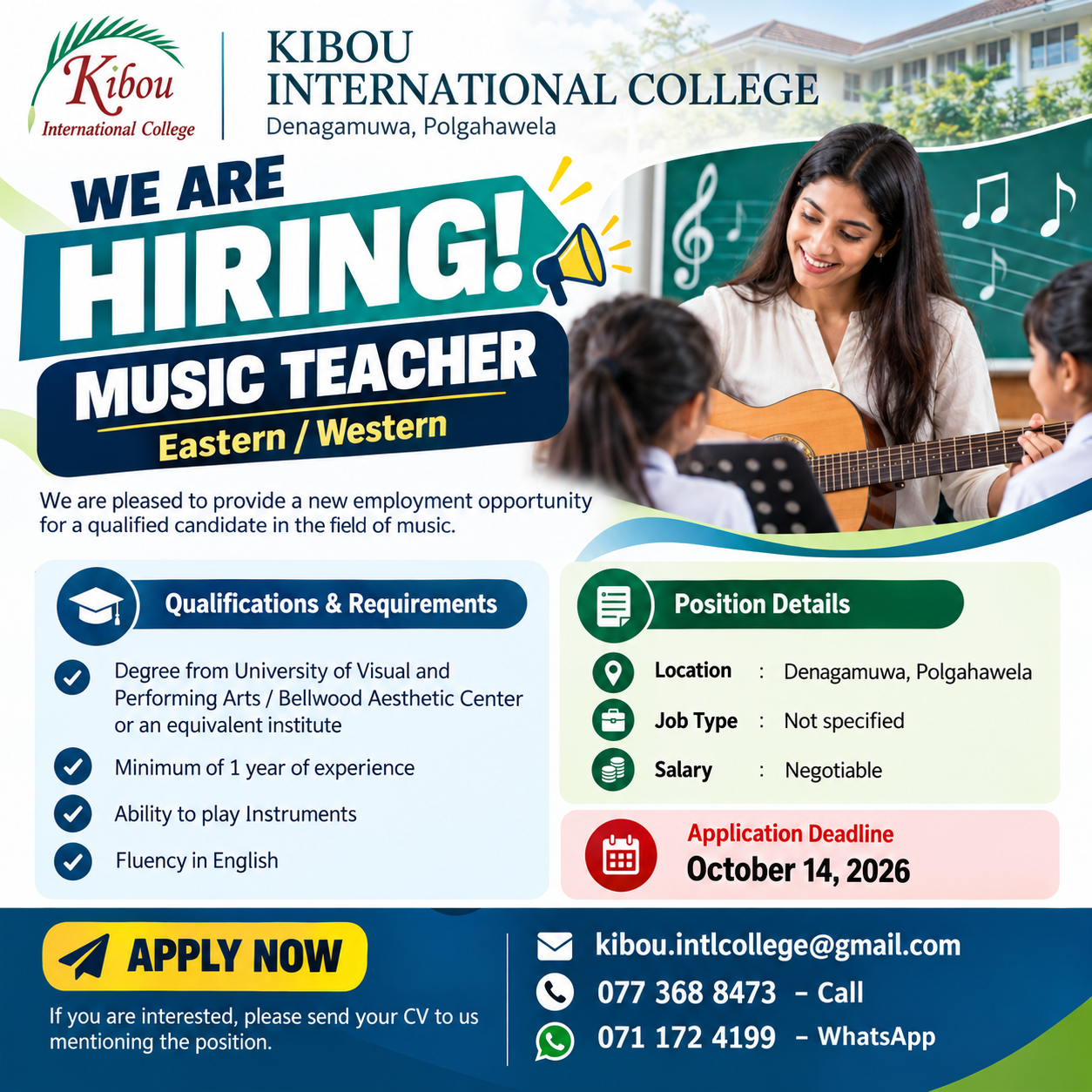 Music Teacher – Eastern / Western at Kibou International College