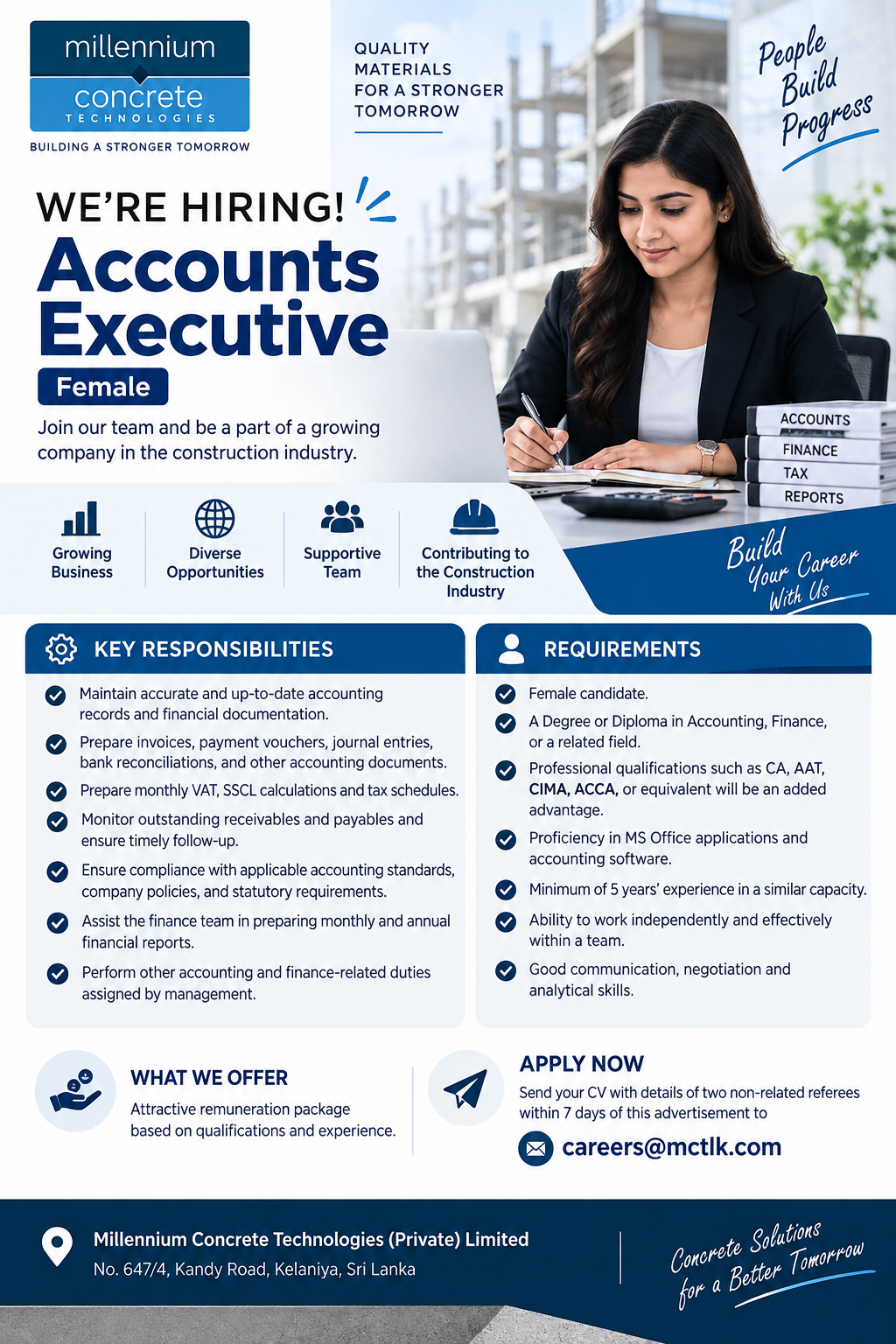 Accounts Executive – Female at Millennium Concrete Technologies (Private) Limited
