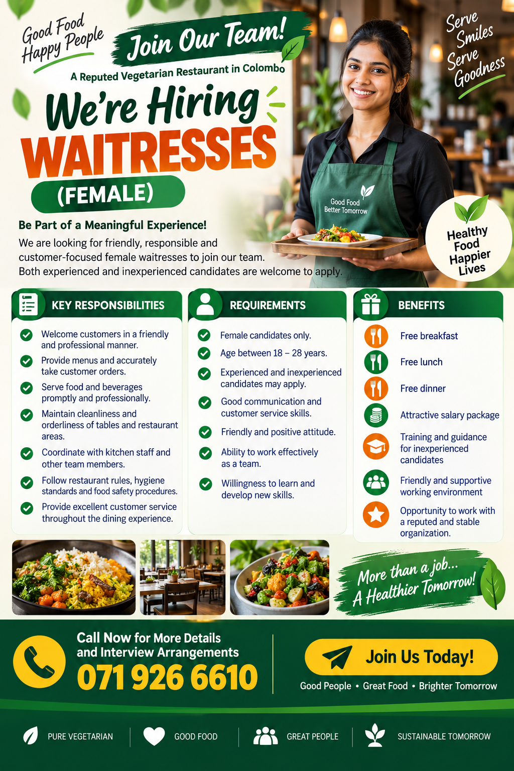 Waitress – Female at Vegetarian Restaurant