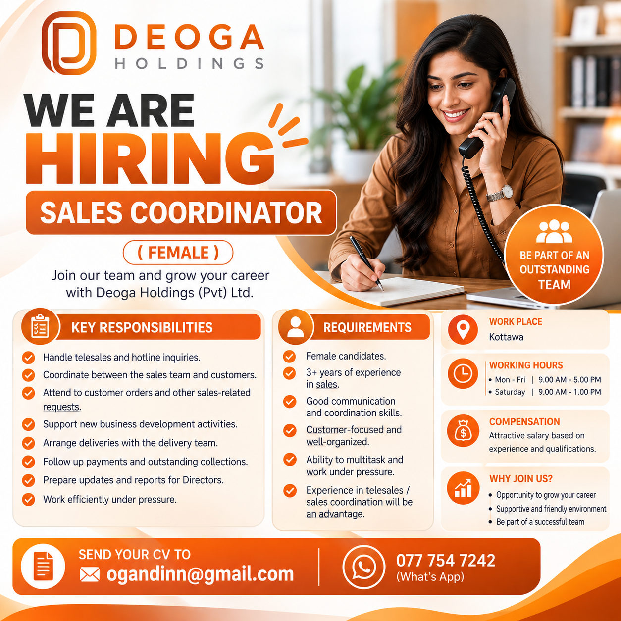 Sales Coordinator – Female at Deoga Holdings (Pvt) Ltd