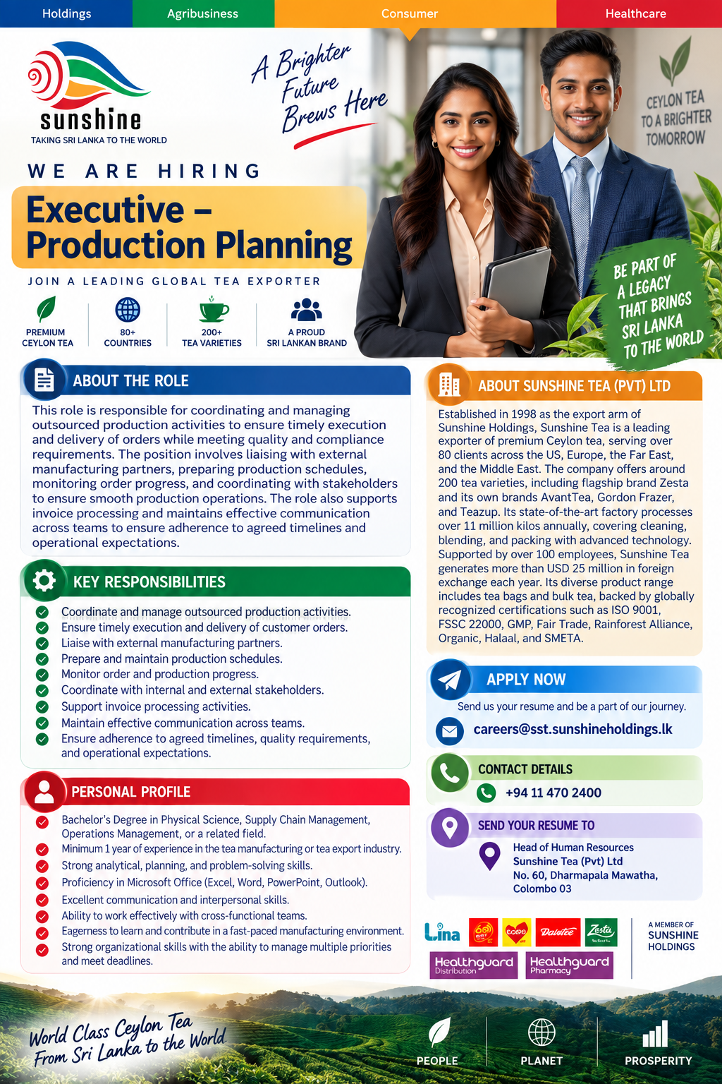 Executive – Production Planning at Sunshine Tea (Pvt) Ltd