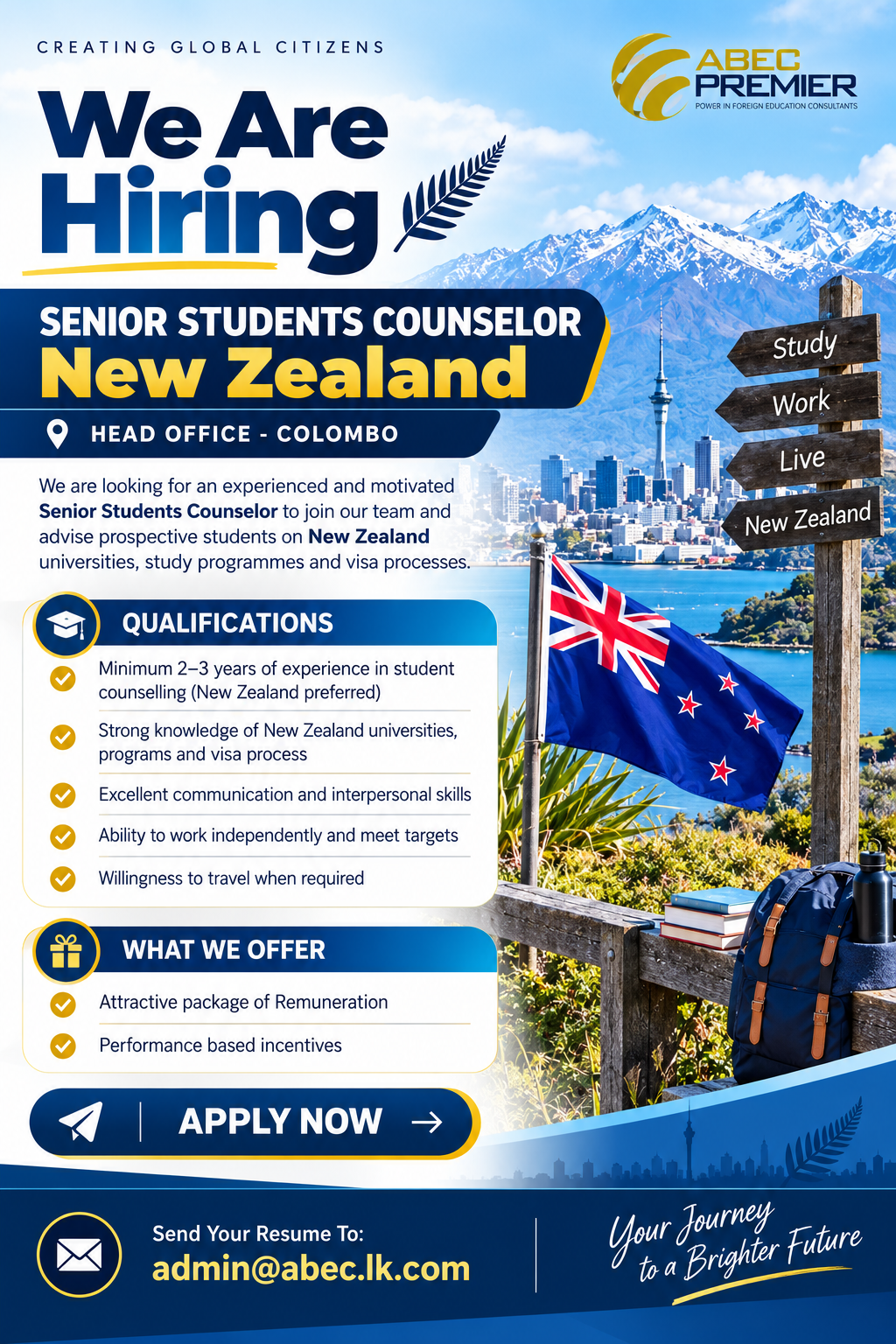 Senior Students Counselor – New Zealand at ABEC Premier