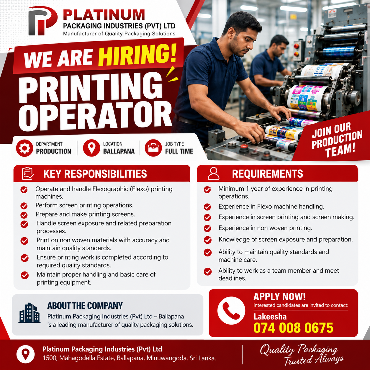 Printing Operator at Platinum Packaging Industries (Pvt) Ltd