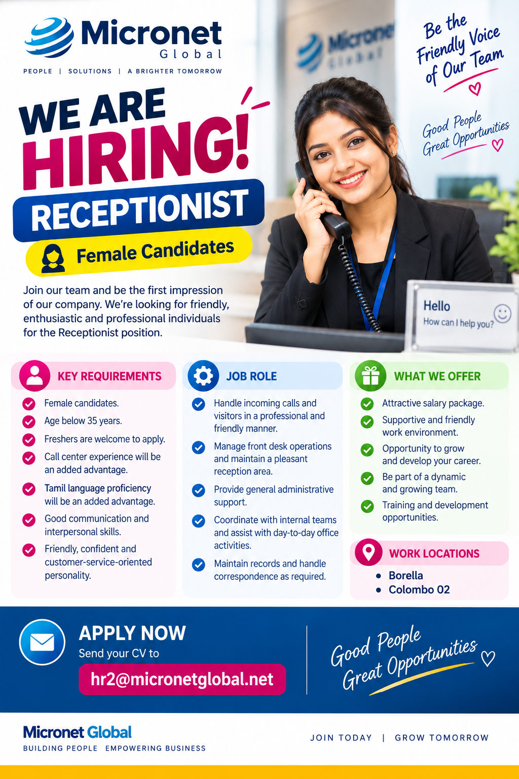 Receptionist at Micronet Global
