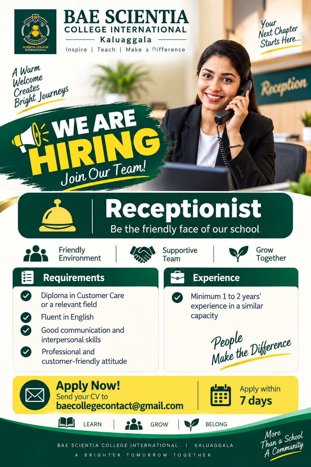 Receptionist at BAE Scientia College International