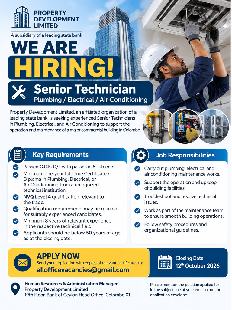 Senior Technician – Plumbing / Electrical / Air Conditioning at Property Development Limited