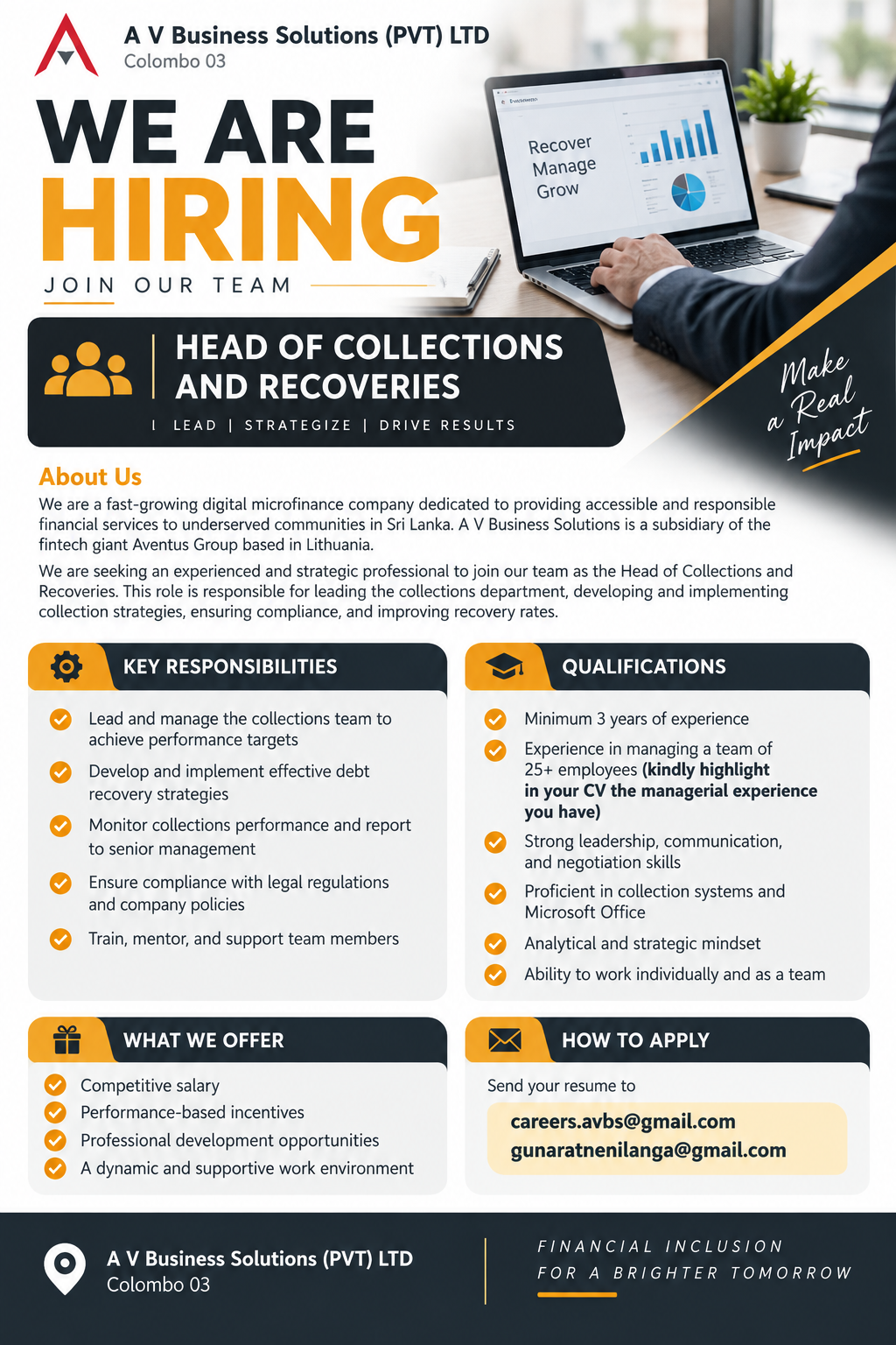 Head of Collections and Recoveries at A V Business Solutions (Pvt) Ltd