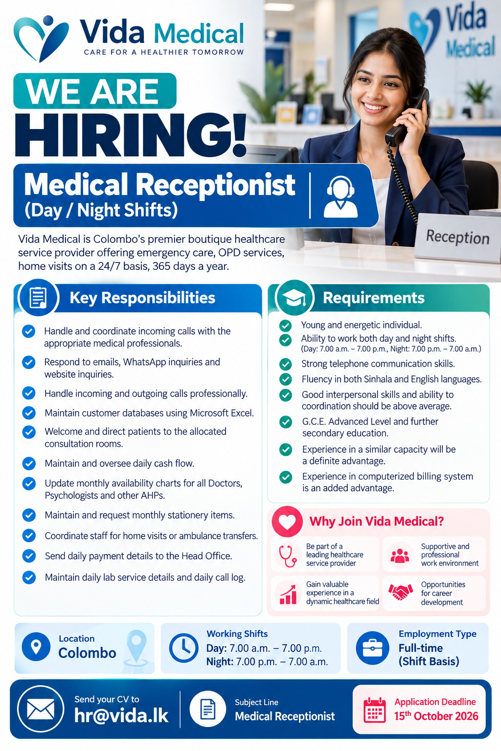 Medical Receptionist – Day / Night Shifts at Vida Medical