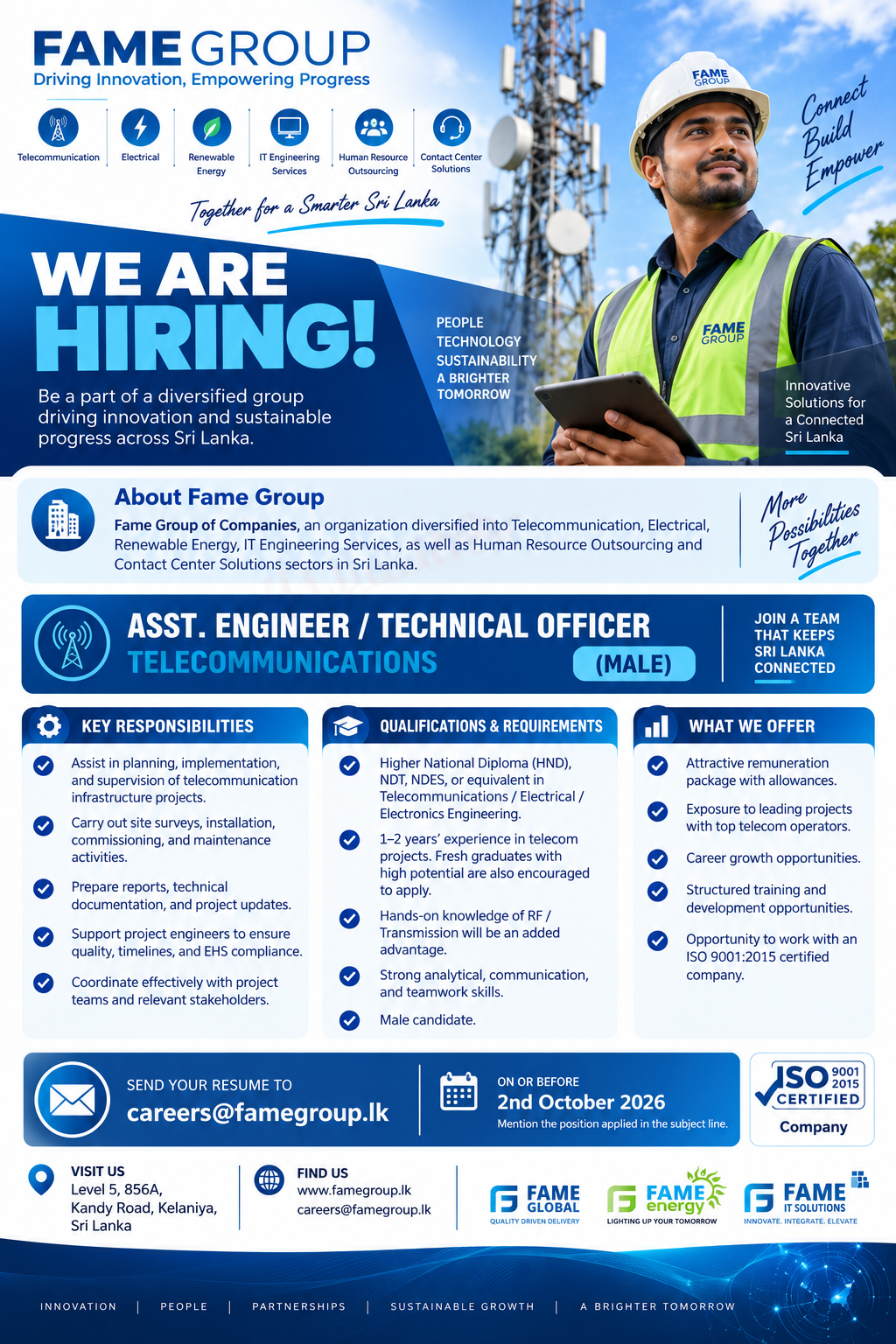 Assistant Engineer / Technical Officer – Telecommunications at Fame Group of Companies