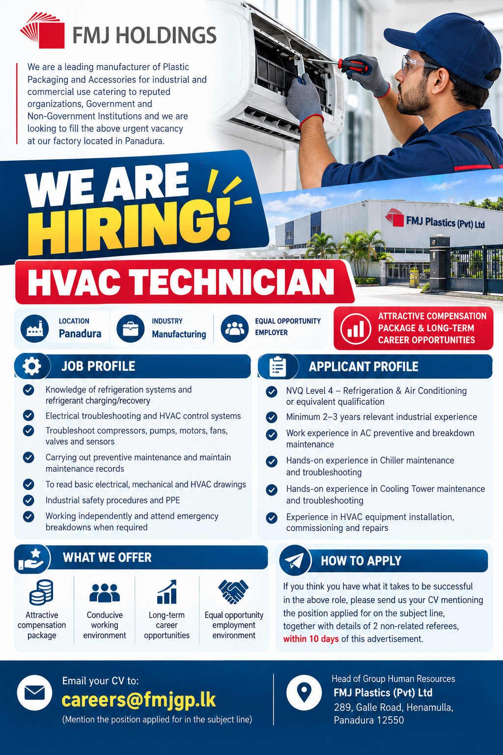 HVAC Technician at FMJ Plastics (Pvt) Ltd / FMJ Holdings