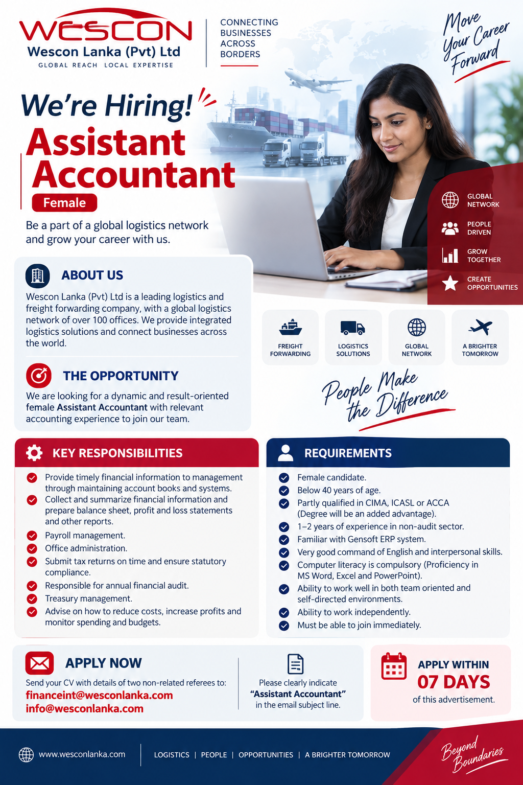 Assistant Accountant – Female at Wescon Lanka (Pvt) Ltd