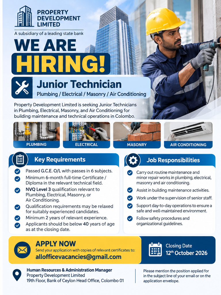 Junior Technician – Plumbing / Electrical / Masonry / Air Conditioning at Property Development Limited