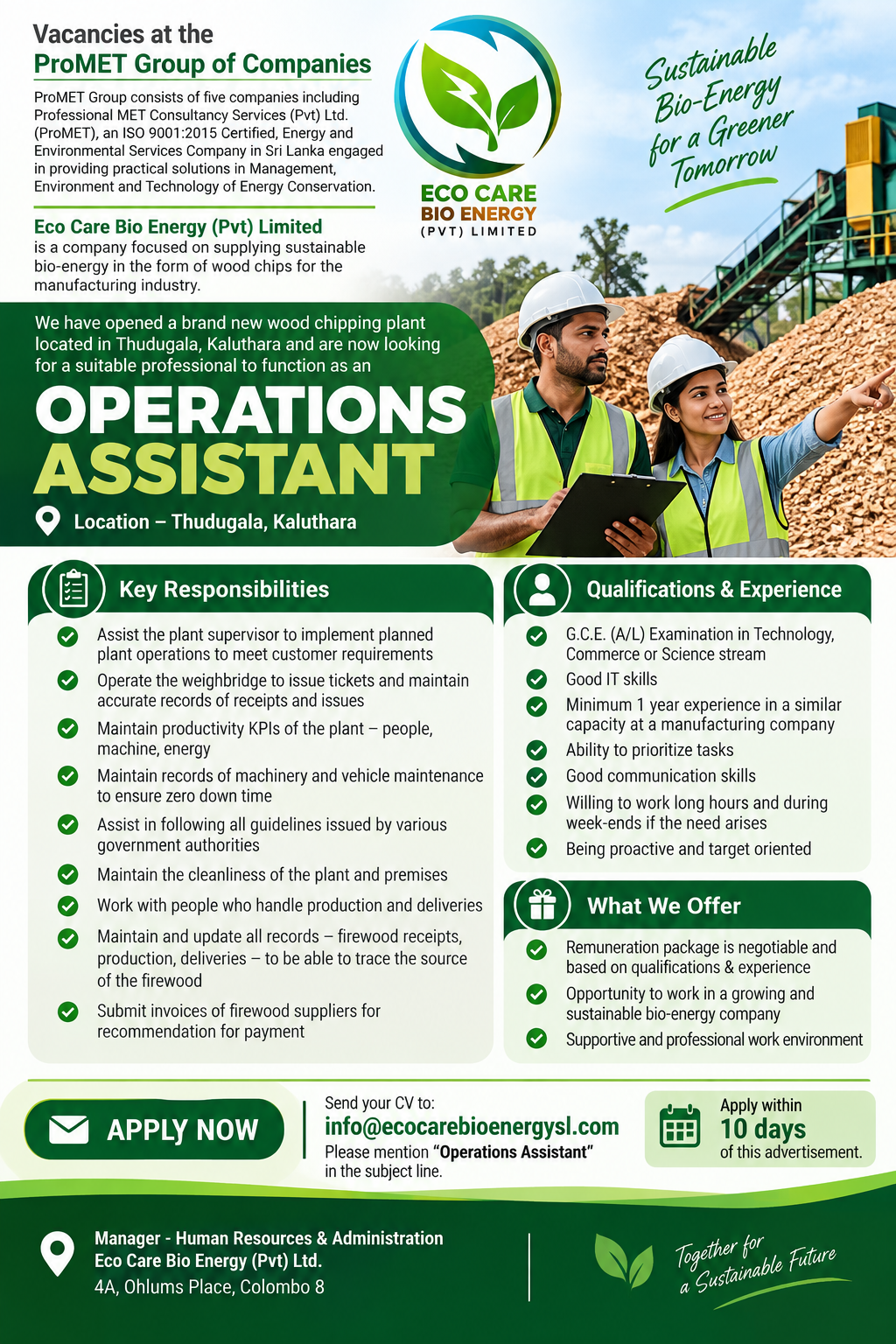 Operations Assistant at Eco Care Bio Energy (Pvt) Limited – ProMET Group of Companies