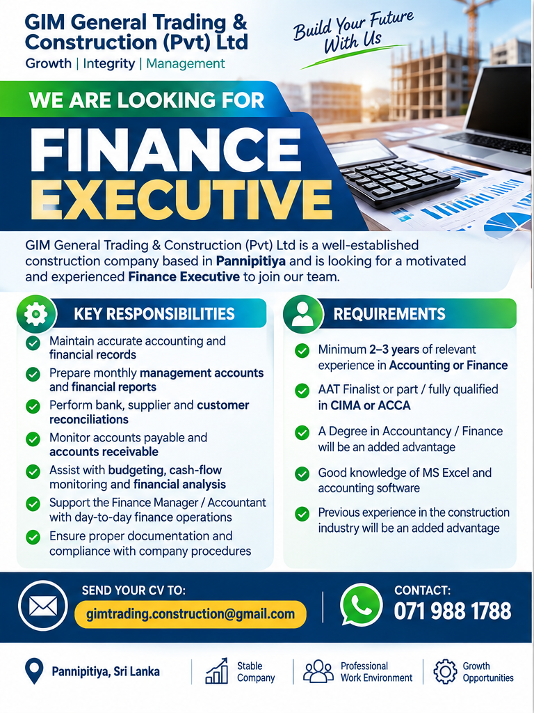 Finance Executive at GIM General Trading & Construction (Pvt) Ltd