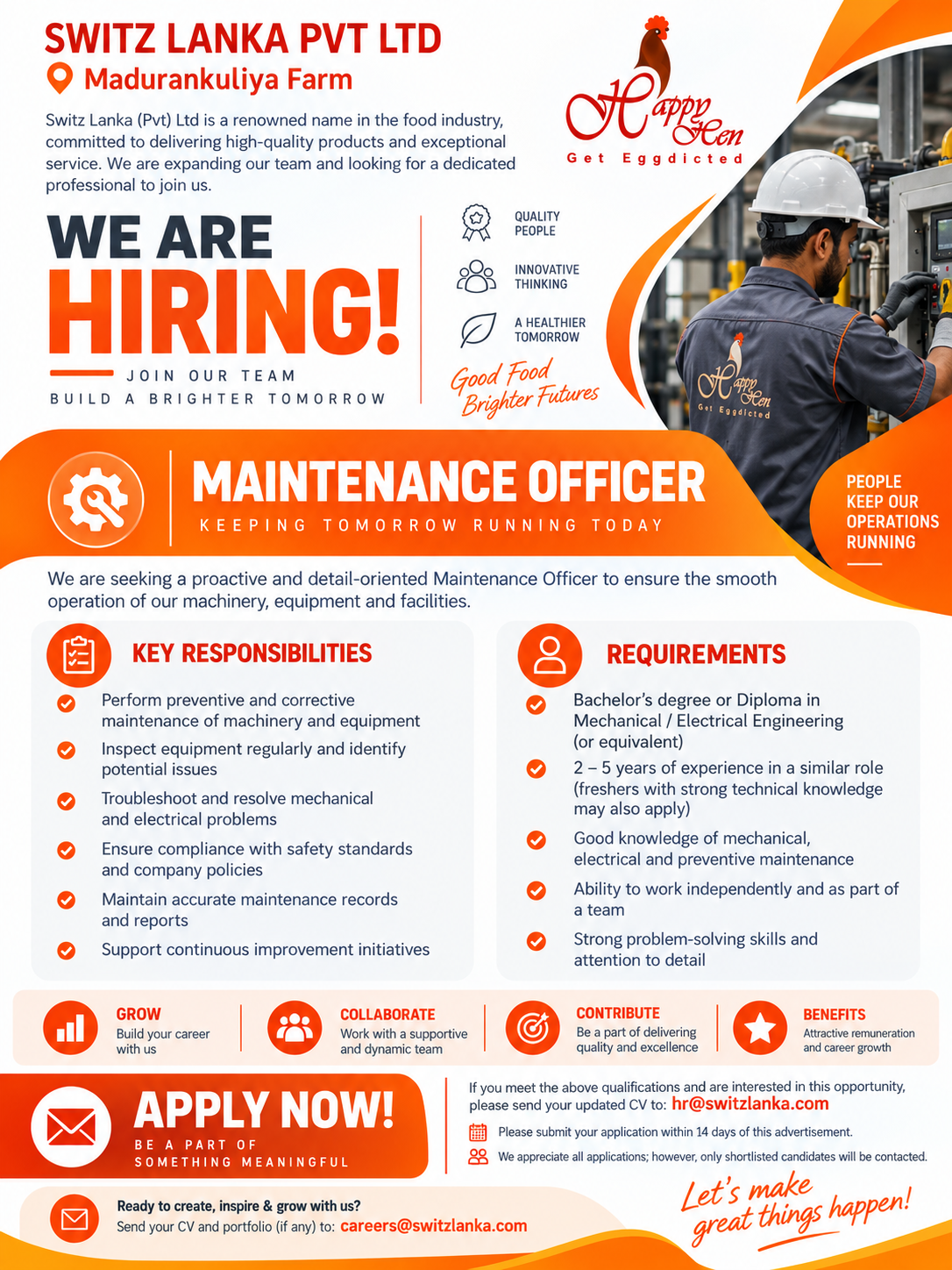 Maintenance Officer at Switz Lanka (Pvt) Ltd